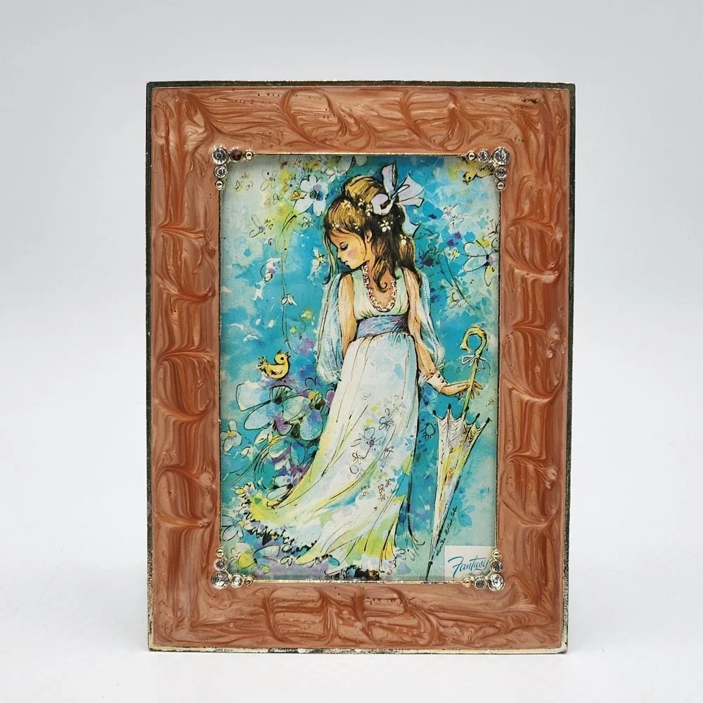 Vintage Peach Marbled Resin Frame Faux Crystals Fantasy Ephemera Card 4x6 Photo